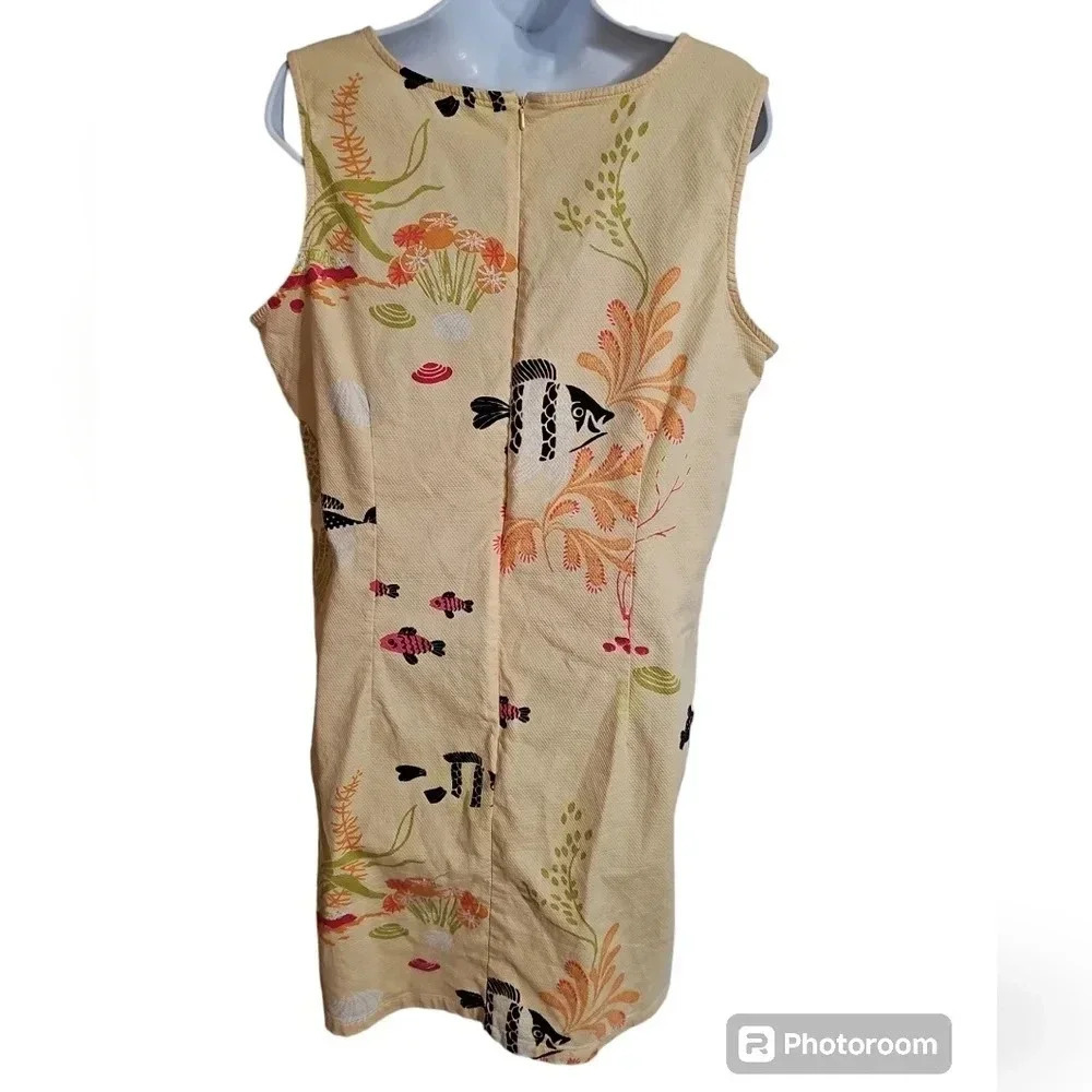 Vintage Tropical Fish Shift Dress Womens Large Yellow Sleeveless Mod Boho Beach - Picture 3 of 5